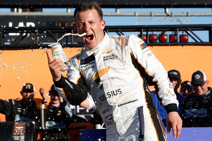 AJ Allmendinger celebrates in victory lane after last year's Xfinity Series Pit Boss 250 at Circuit of The Americas. (Photo by Chris Graythen/Getty Images)